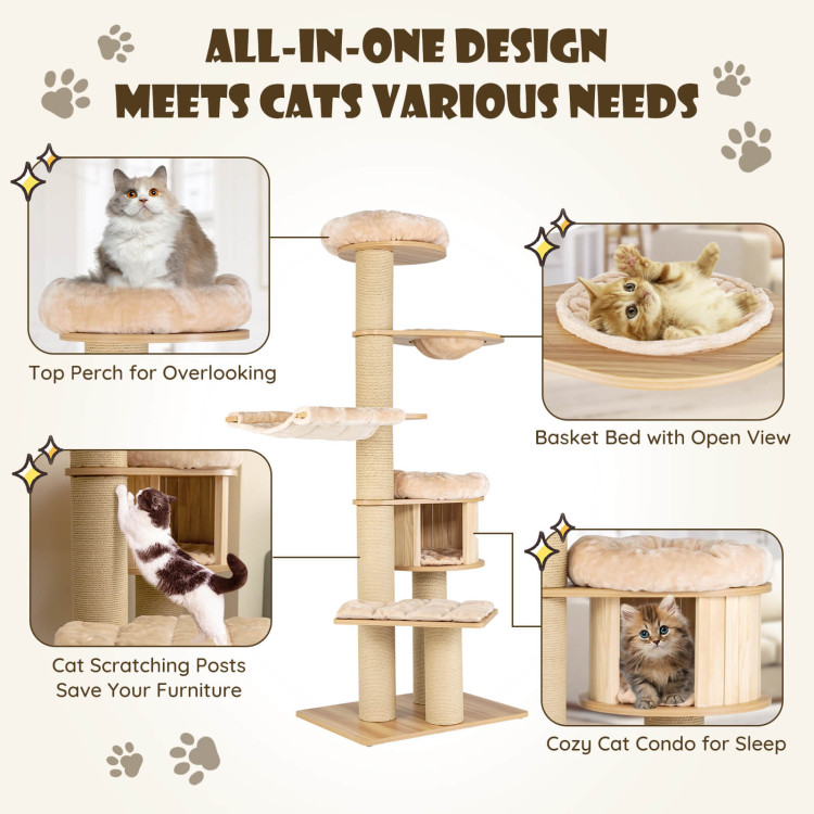 Modern Tall Cat Tree Tower with Scratch Posts and Washable Mats-BeigeCostway Gallery View 8 of 10